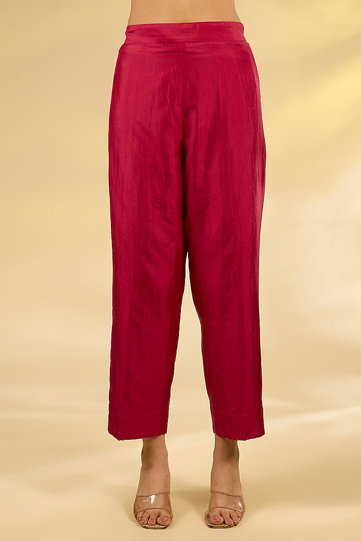 Poppy Red Mulberry Silk Hand Embroidered Kurta Set by Divyam Mehta at Pernia's Pop Up Shop