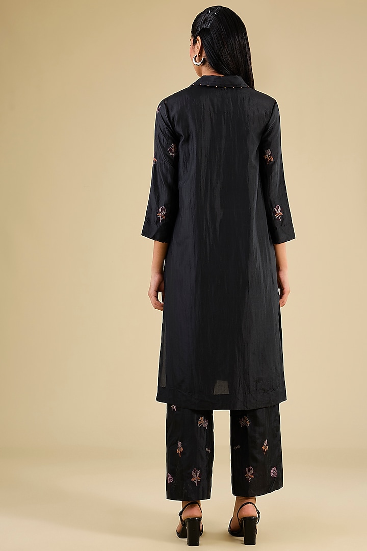 Coal Black Mulberry Silk Hand Embroidered Kurta Set by Divyam Mehta at Pernia's Pop Up Shop