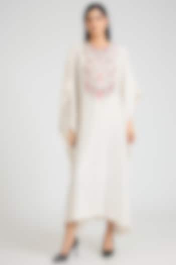 Ivory Dupion Silk Floral Hand Embroidered Kaftan by Divyam Mehta at Pernia's Pop Up Shop