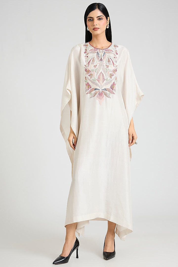 Ivory Dupion Silk Floral Hand Embroidered Kaftan by Divyam Mehta at Pernia's Pop Up Shop