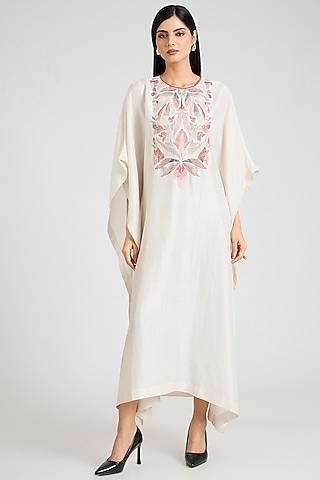 Ivory Dupion Silk Floral Hand Embroidered Kaftan by Divyam Mehta