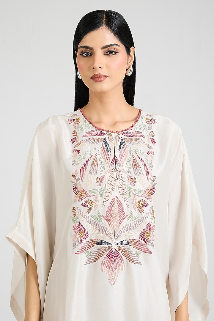 Ivory Dupion Silk Floral Hand Embroidered Kaftan by Divyam Mehta at Pernia's Pop Up Shop