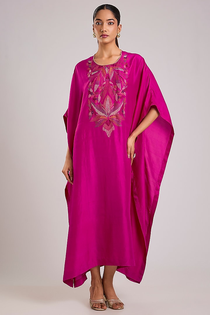 Pink Dupion Silk Floral Hand Embroidered Kaftan by Divyam Mehta at Pernia's Pop Up Shop