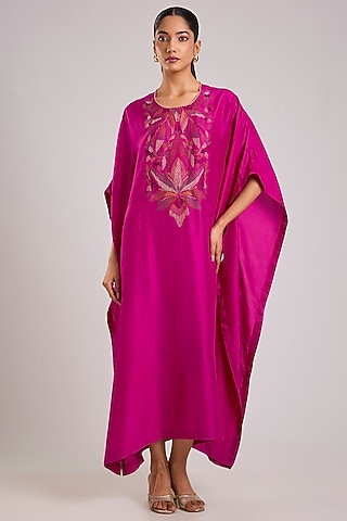 Pink Dupion Silk Floral Hand Embroidered Kaftan by Divyam Mehta
