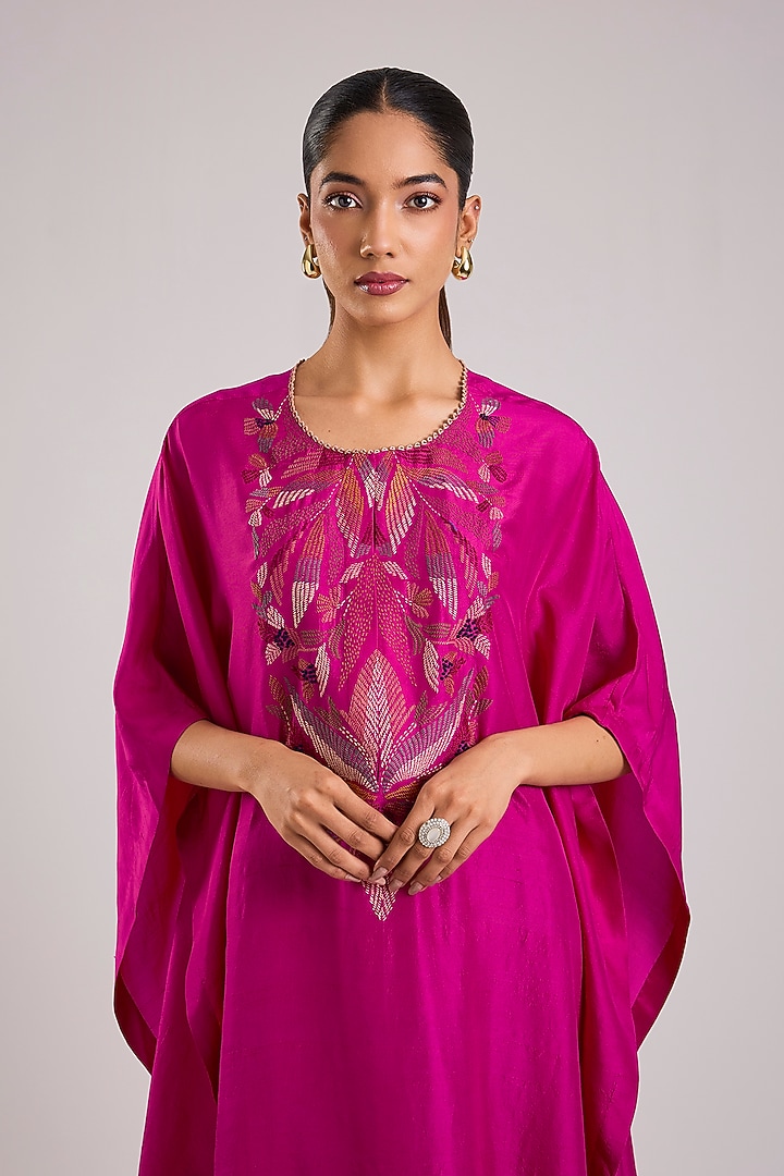 Pink Dupion Silk Floral Hand Embroidered Kaftan by Divyam Mehta at Pernia's Pop Up Shop