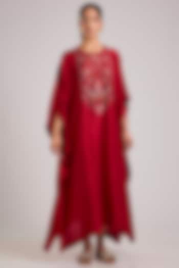 Red Dupion Silk Floral Hand Embroidered Kaftan by Divyam Mehta at Pernia's Pop Up Shop