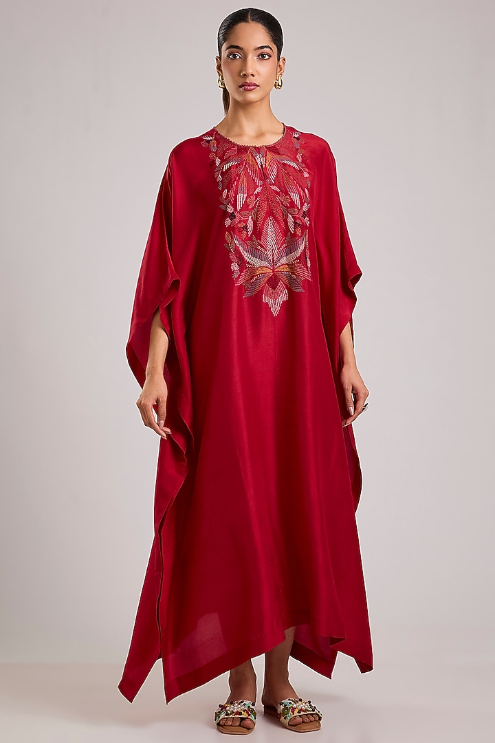 Red Dupion Silk Floral Hand Embroidered Kaftan by Divyam Mehta at Pernia's Pop Up Shop