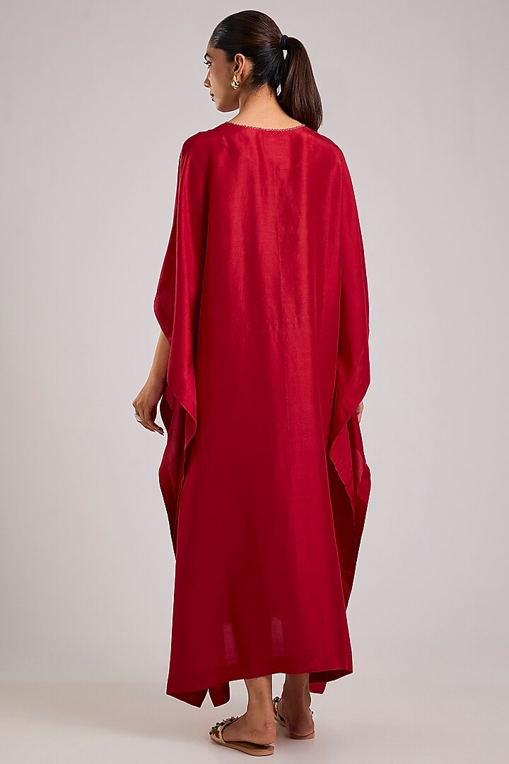 Red Dupion Silk Floral Hand Embroidered Kaftan by Divyam Mehta at Pernia's Pop Up Shop