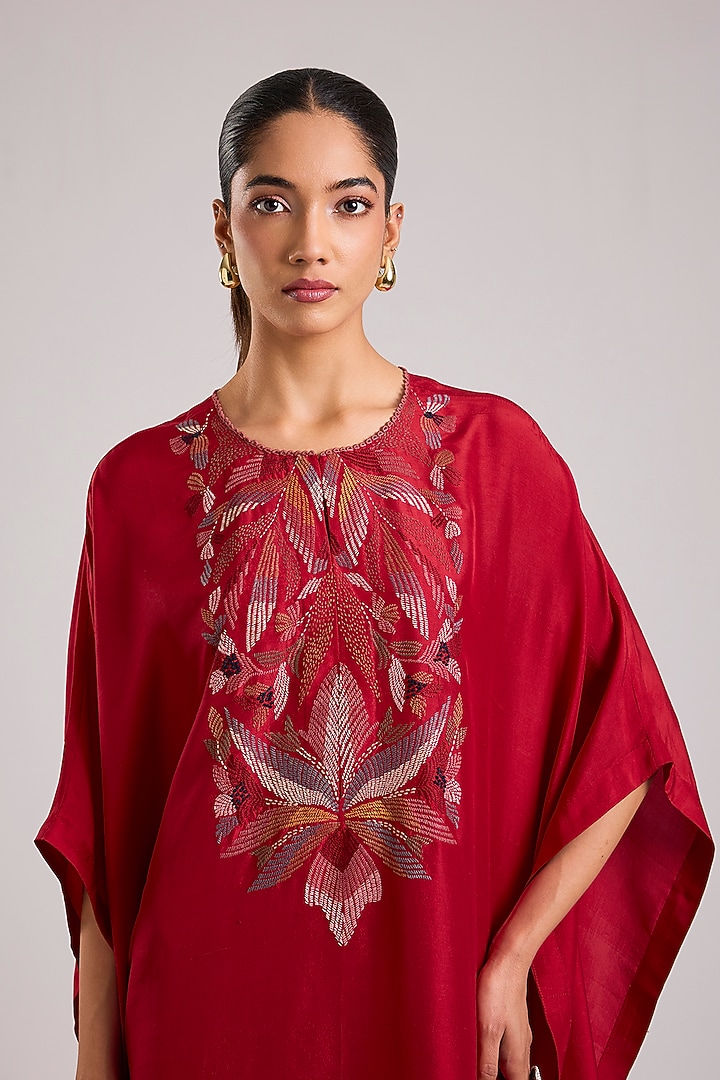 Red Dupion Silk Floral Hand Embroidered Kaftan by Divyam Mehta at Pernia's Pop Up Shop