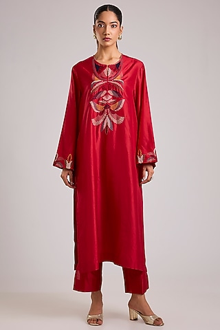Red Mulberry Silk Floral Hand Embroidered Kurta Set by Divyam Mehta