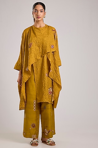 Yellow Mulberry Silk Kantha Motifs Embroidered Tunic Set by Divyam Mehta