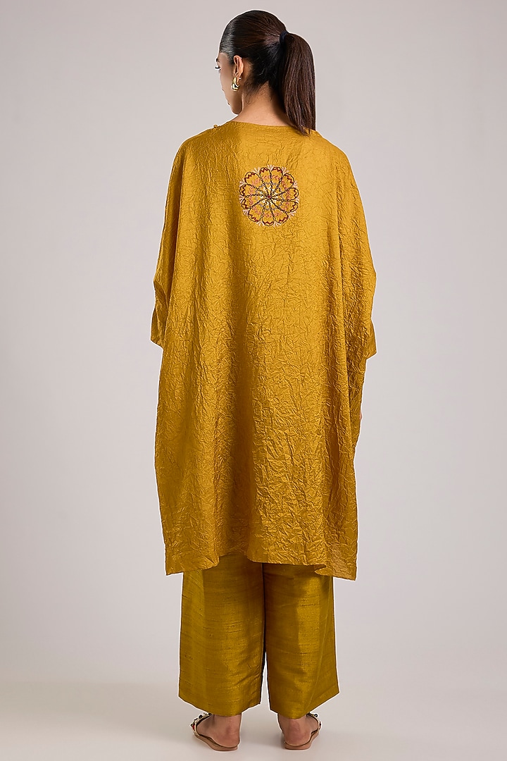 Yellow Mulberry Silk Kantha Motifs Embroidered Tunic Set by Divyam Mehta at Pernia's Pop Up Shop