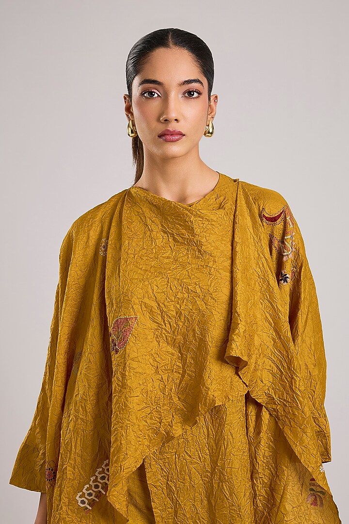 Yellow Mulberry Silk Kantha Motifs Embroidered Tunic Set by Divyam Mehta at Pernia's Pop Up Shop