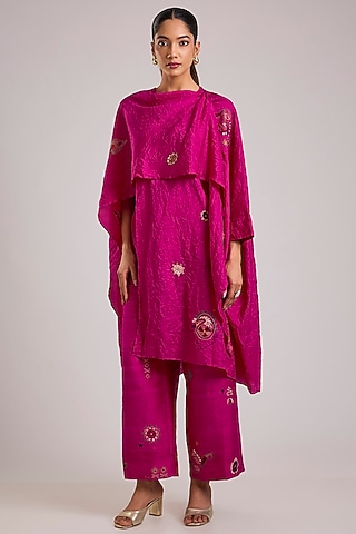Pink Mulberry Silk Kantha Motifs Embroidered Tunic Set by Divyam Mehta