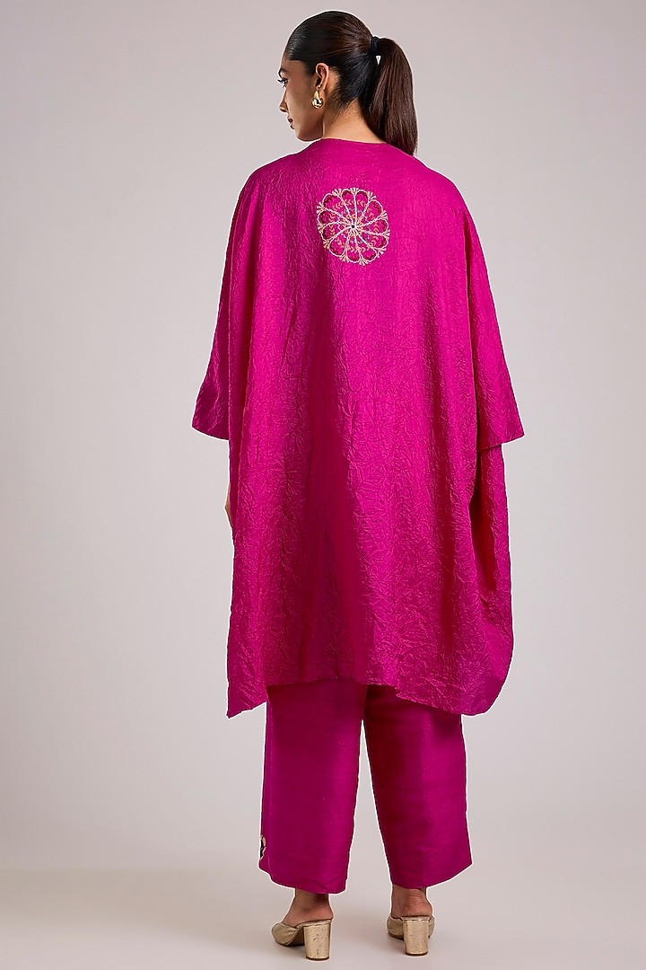 Pink Mulberry Silk Kantha Motifs Embroidered Tunic Set by Divyam Mehta at Pernia's Pop Up Shop