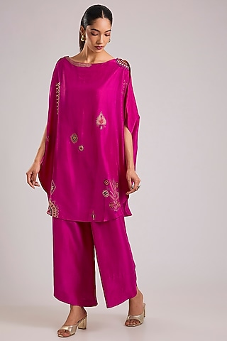 Pink Mulberry Silk Kantha Motifs Embroidered Tunic Set by Divyam Mehta