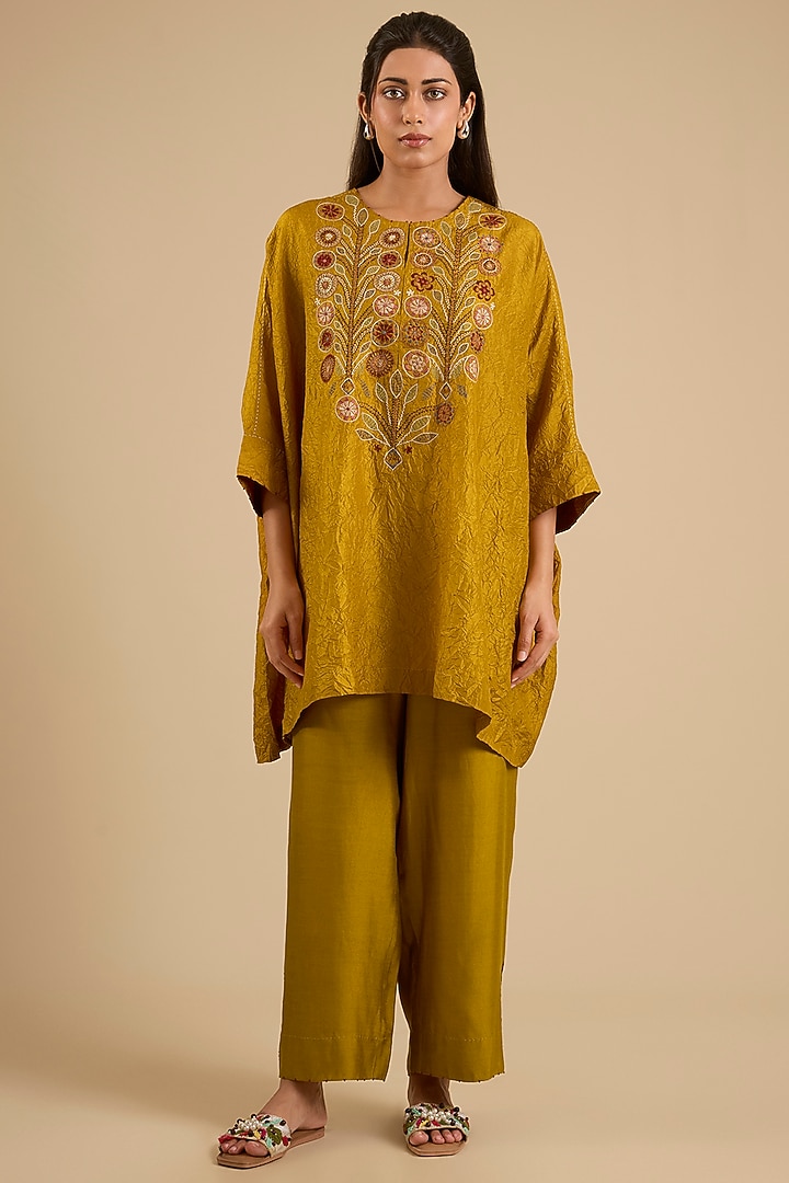 Yellow Mulberry Silk Hand Embroidered Tunic Set by Divyam Mehta at Pernia's Pop Up Shop