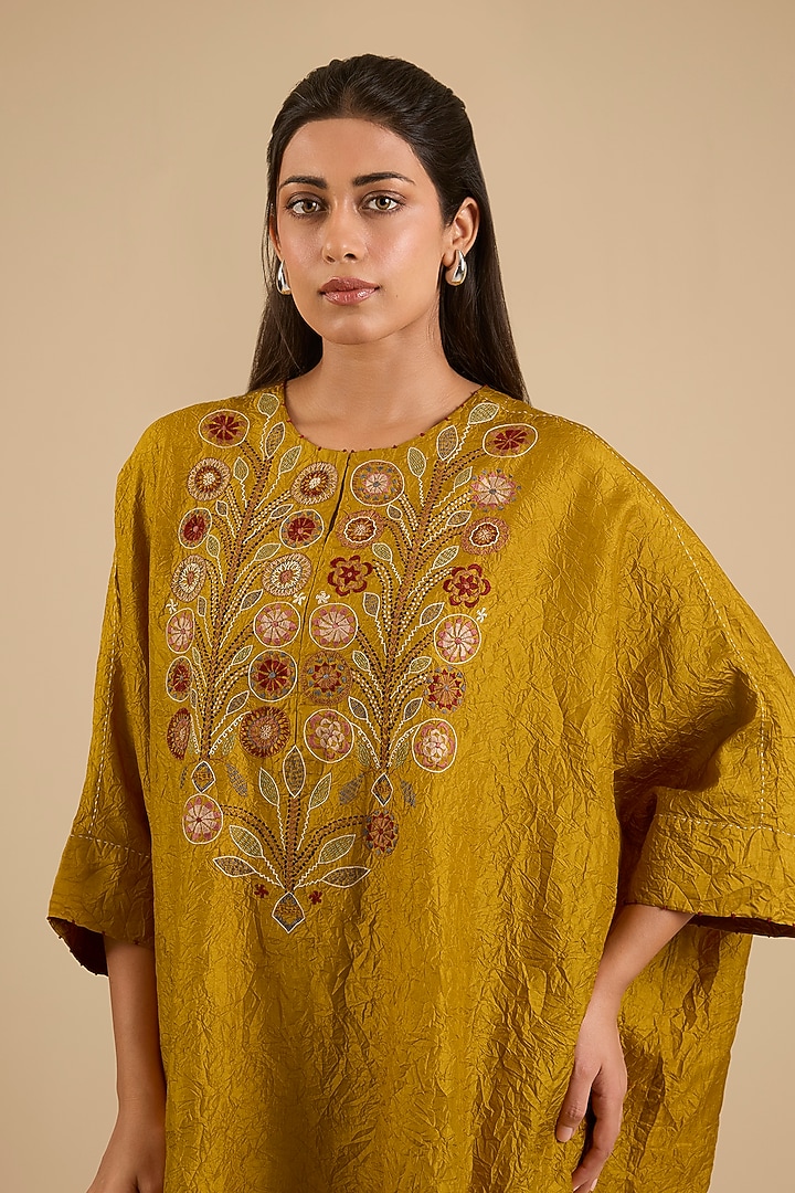 Yellow Mulberry Silk Hand Embroidered Tunic Set by Divyam Mehta at Pernia's Pop Up Shop