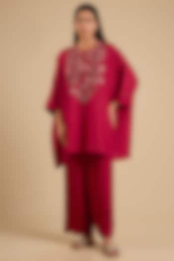 Red Mulberry Silk Hand Embroidered Tunic Set by Divyam Mehta at Pernia's Pop Up Shop