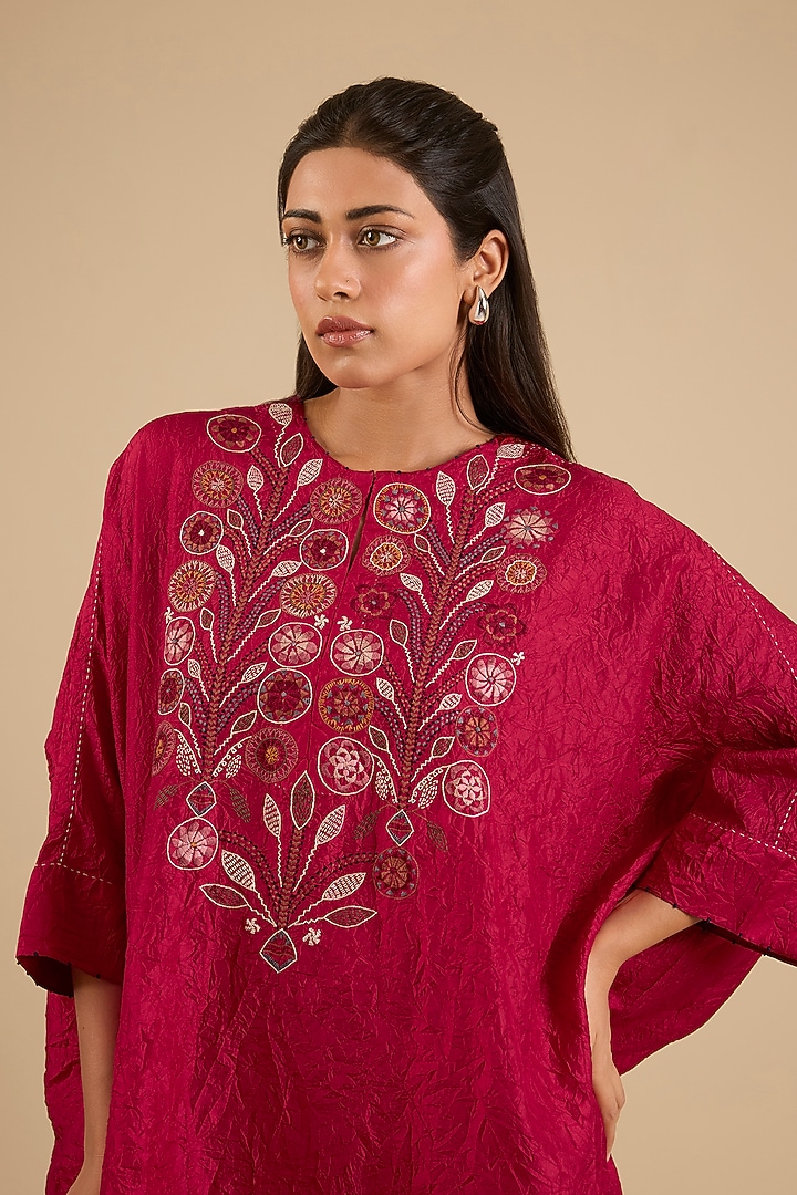 Red Mulberry Silk Hand Embroidered Tunic Set by Divyam Mehta at Pernia's Pop Up Shop
