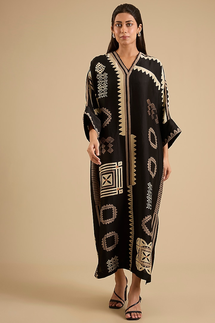 Black Mulberry Silk Embroidered Kaftan by Divyam Mehta at Pernia's Pop Up Shop