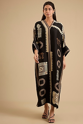 Black Mulberry Silk Embroidered Kaftan by Divyam Mehta