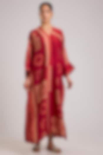 Red Dupion Silk Block Printed Kaftan by Divyam Mehta at Pernia's Pop Up Shop