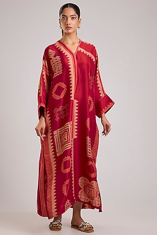 Red Dupion Silk Block Printed Kaftan by Divyam Mehta
