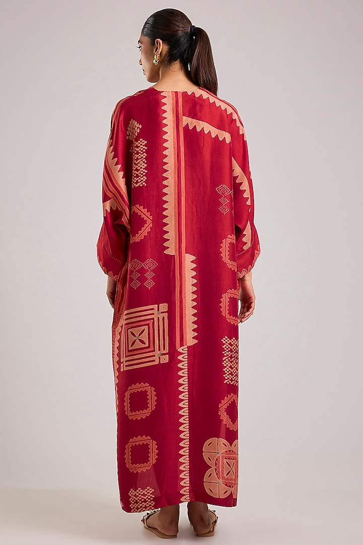 Red Dupion Silk Block Printed Kaftan by Divyam Mehta at Pernia's Pop Up Shop