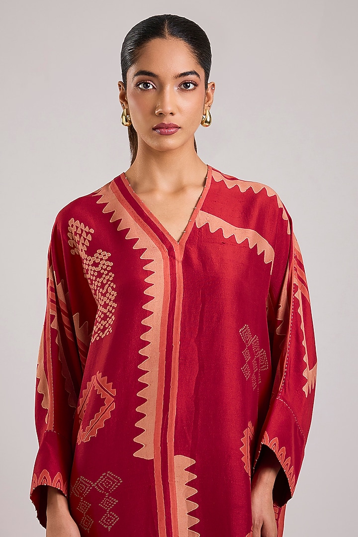 Red Dupion Silk Block Printed Kaftan by Divyam Mehta at Pernia's Pop Up Shop