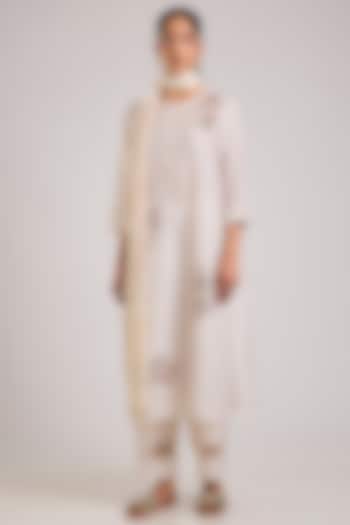 Ivory Mulberry Silk Kantha Embroidered Kurta Set by Divyam Mehta at Pernia's Pop Up Shop