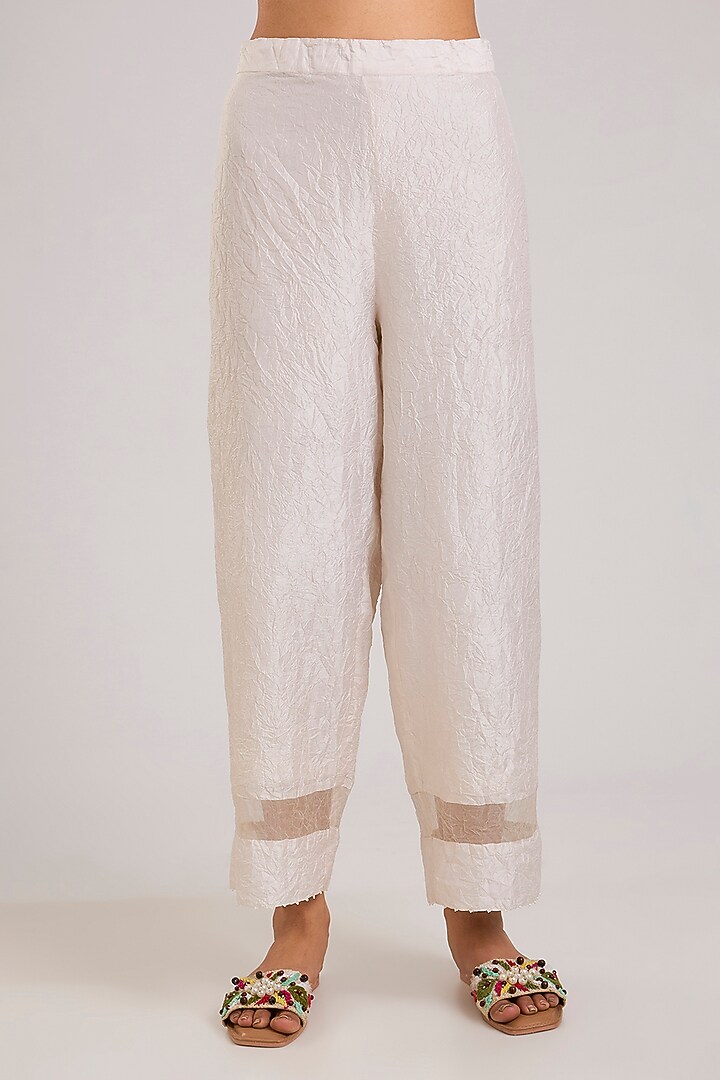 Ivory Mulberry Silk Kantha Embroidered Kurta Set by Divyam Mehta at Pernia's Pop Up Shop