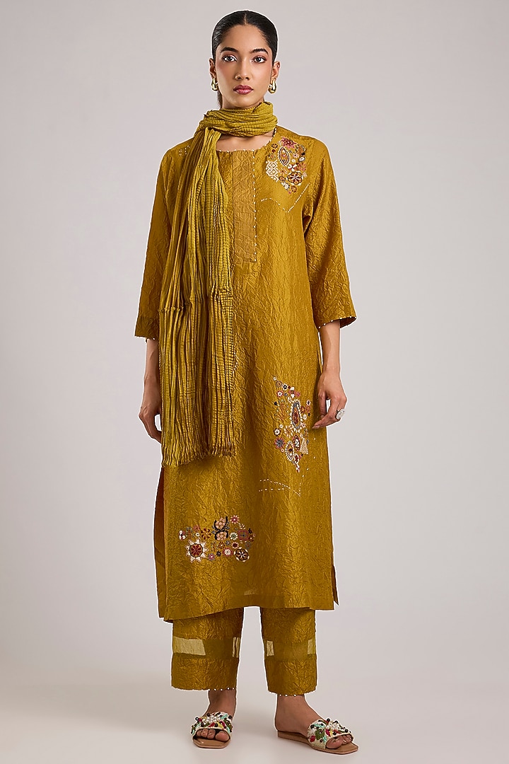 Yellow Mulberry Silk Kantha Motifs Embroidered Kurta Set by Divyam Mehta at Pernia's Pop Up Shop