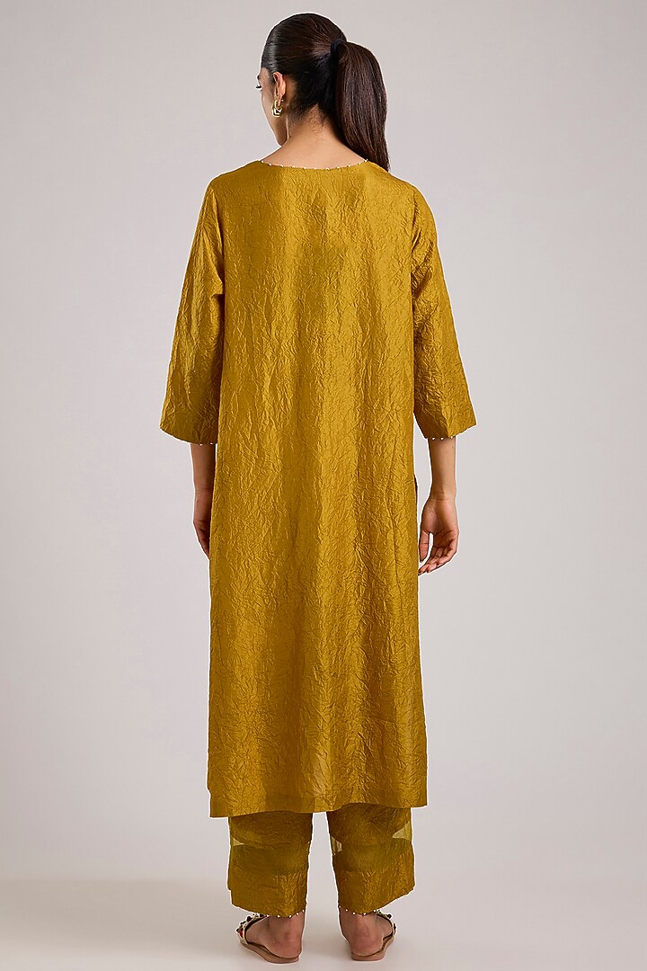 Yellow Mulberry Silk Kantha Motifs Embroidered Kurta Set by Divyam Mehta at Pernia's Pop Up Shop