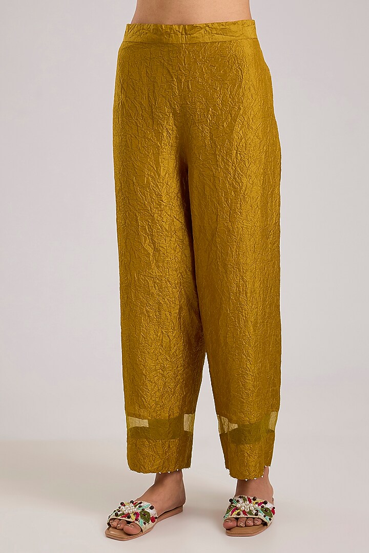 Yellow Mulberry Silk Kantha Motifs Embroidered Kurta Set by Divyam Mehta at Pernia's Pop Up Shop