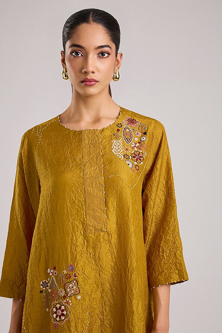 Yellow Mulberry Silk Kantha Motifs Embroidered Kurta Set by Divyam Mehta at Pernia's Pop Up Shop