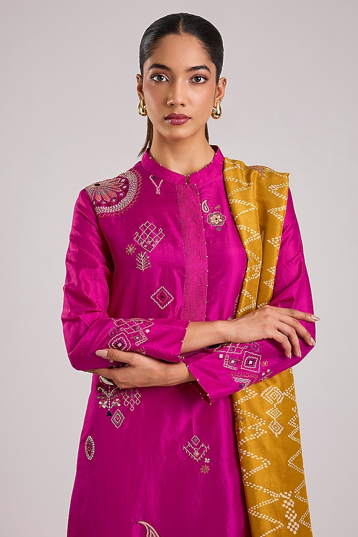 Pink Mulberry Silk Kantha Motifs Embroidered Kurta Set by Divyam Mehta at Pernia's Pop Up Shop