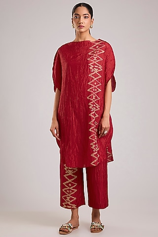 Red Mulberry Silk Block Printed Kurta Set by Divyam Mehta