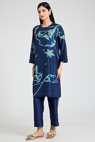 Blue Mulberry Silk Floral Shibori Printed Tunic Set by Divyam Mehta