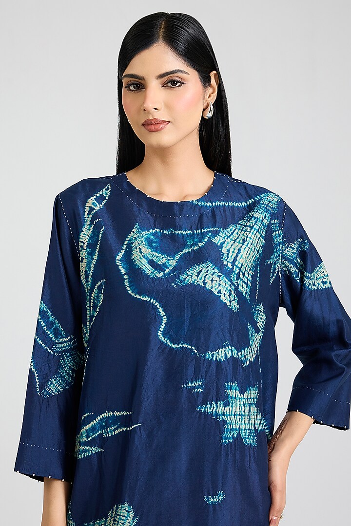 Blue Mulberry Silk Floral Shibori Printed Tunic Set by Divyam Mehta at Pernia's Pop Up Shop