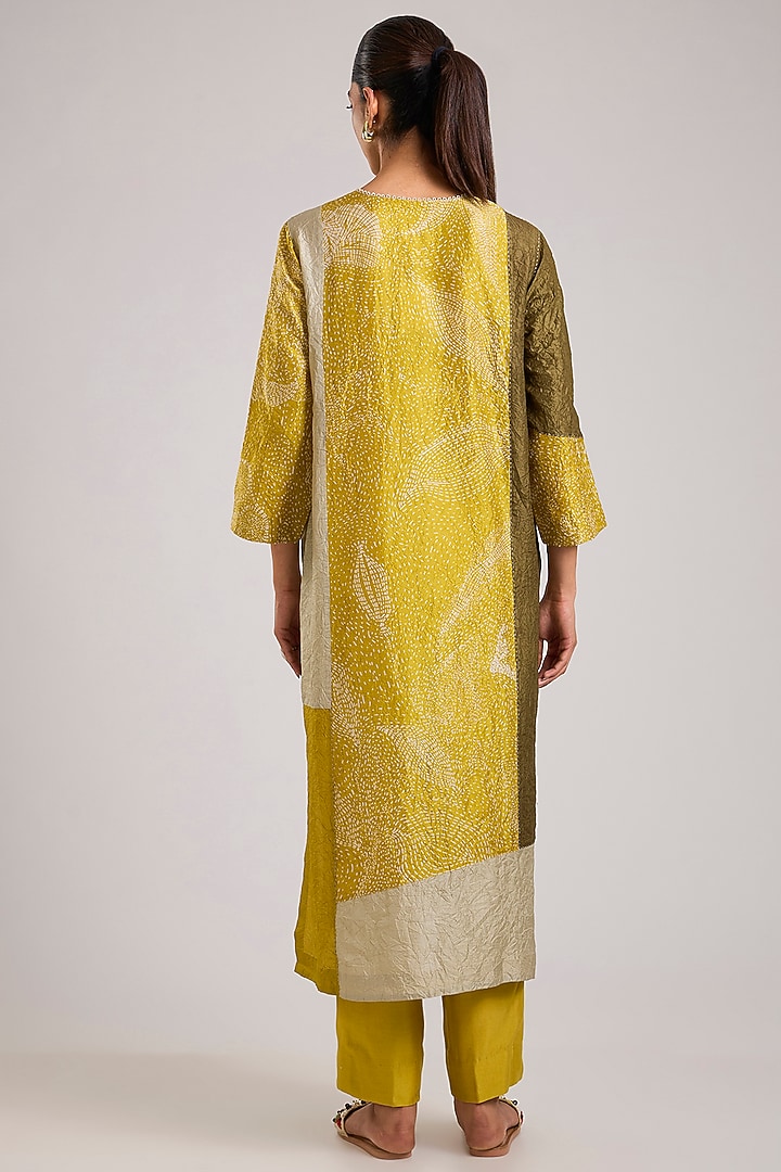 Yellow Mulberry Silk Floral Kantha Printed Kurta Set by Divyam Mehta at Pernia's Pop Up Shop