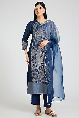 Blue Mulberry Silk Floral Shibori Printed Kurta Set by Divyam Mehta