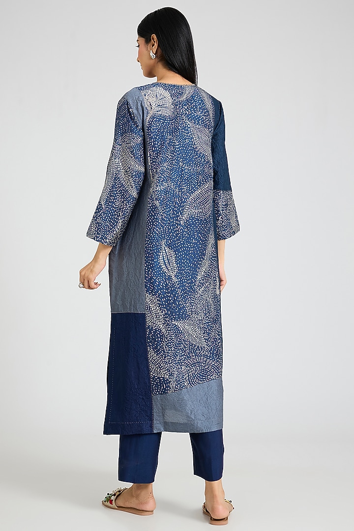 Blue Mulberry Silk Floral Shibori Printed Kurta Set by Divyam Mehta at Pernia's Pop Up Shop