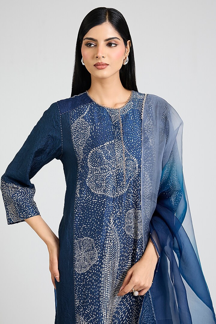 Blue Mulberry Silk Floral Shibori Printed Kurta Set by Divyam Mehta at Pernia's Pop Up Shop