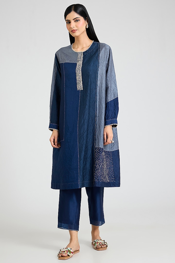 Blue Mulberry Silk Block Printed Kurta Set by Divyam Mehta at Pernia's Pop Up Shop