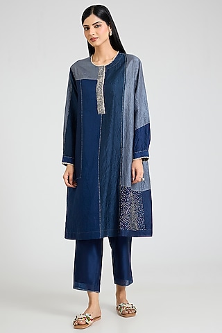 Blue Mulberry Silk Block Printed Kurta Set by Divyam Mehta