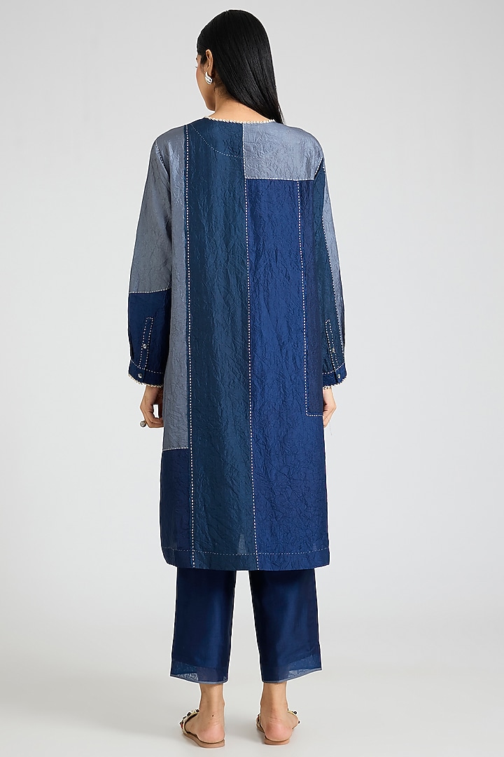 Blue Mulberry Silk Block Printed Kurta Set by Divyam Mehta at Pernia's Pop Up Shop
