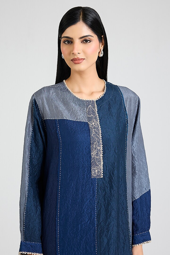 Blue Mulberry Silk Block Printed Kurta Set by Divyam Mehta at Pernia's Pop Up Shop
