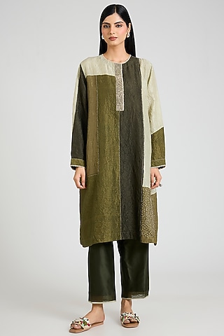 Green Mulberry Silk Block Printed Kurta Set by Divyam Mehta