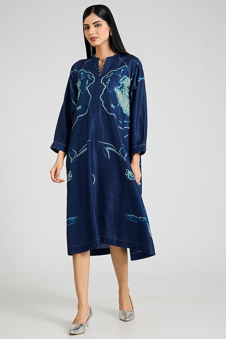 Blue Mulberry Silk Shibori Printed Tunic by Divyam Mehta at Pernia's Pop Up Shop